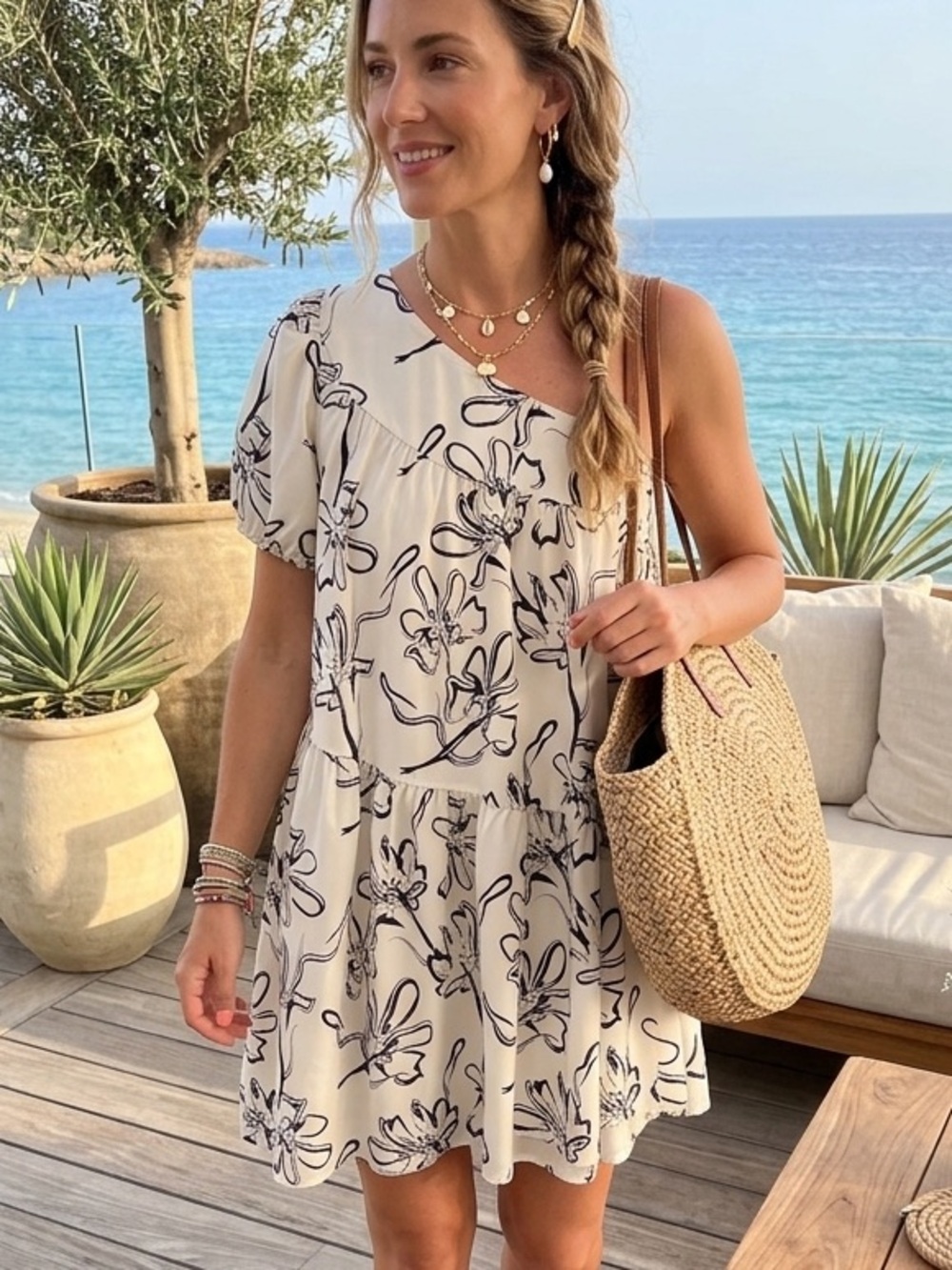 One-Shoulder Tiered Mini Dress modern boho coastal chic floral flowy Sz 4(S)